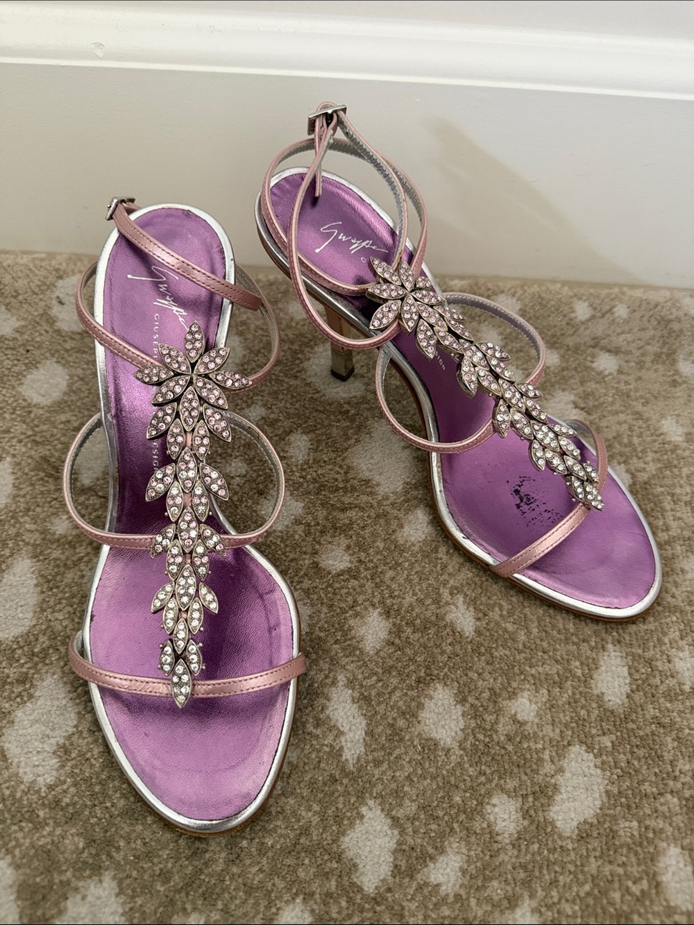 Giuseppe Zanotti Pink Crystal Leaf-Strap Heels